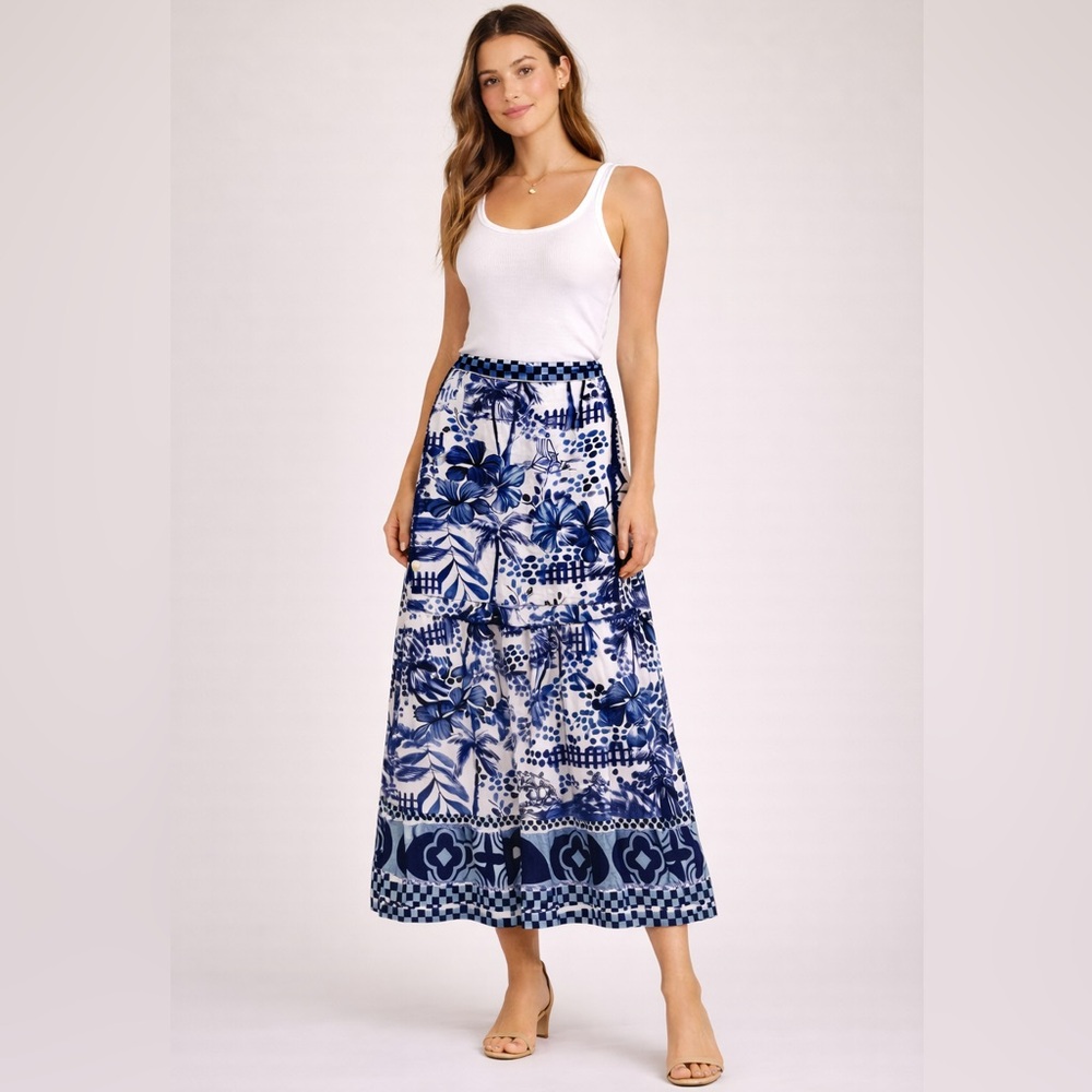 X REVOLVE House of Harlow 1960 Linen Maxi Skirt Blue Floral Size Small NWT
